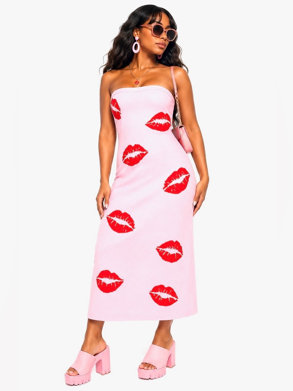 Madden Girl Sexy Lips Kiss Print Strapless Knit Maxi Dress Size L NWT